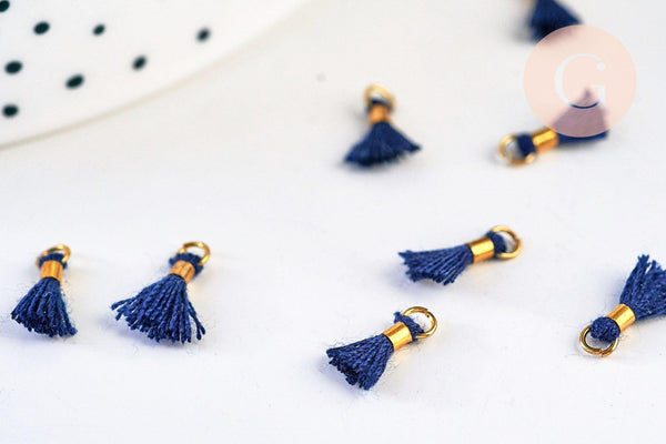 Pompon bleu foncé polyestère support doré,décoration pompon, pompon boucles,fabrication bijoux bohème,10-15mm, x10 (G5562)