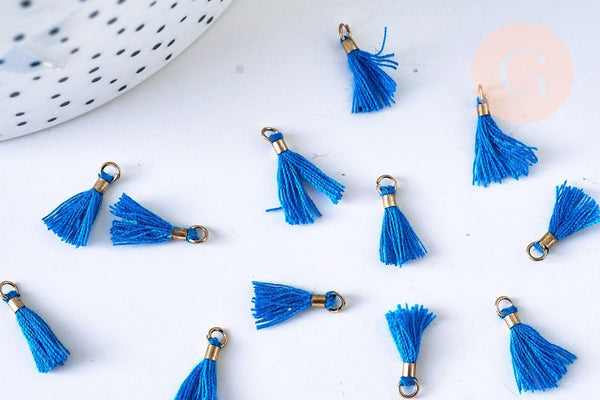 Pompon bleu vif polyestère support doré 10-15mm, x10 (G5561)