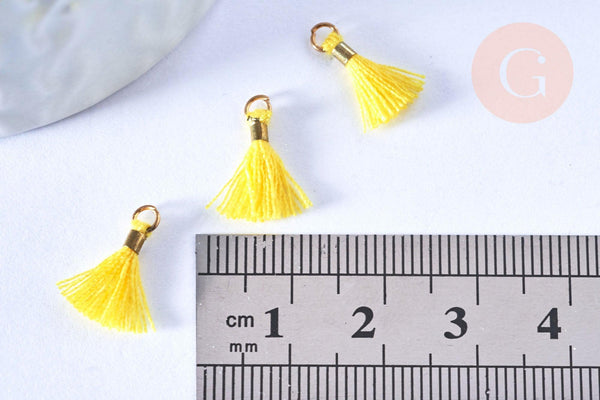 Pompon jaune polyestère support doré,décoration pompon, pompon boucles,fabrication bijoux bohème,10-16mm, x10 (G4262)