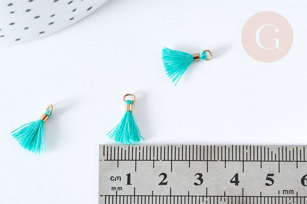 Pompon vert polyestère support doré 10-15mm,décoration pompon, pompon boucles,fabrication bijoux bohème, x10 (G8223)