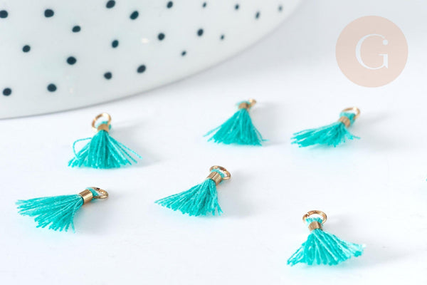 Pompon vert polyestère support doré 10-15mm,décoration pompon, pompon boucles,fabrication bijoux bohème, x10 (G8223)