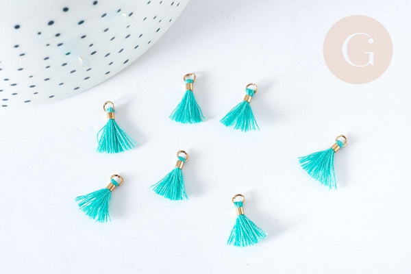 Pompon vert polyestère support doré 10-15mm,décoration pompon, pompon boucles,fabrication bijoux bohème, x10 (G8223)