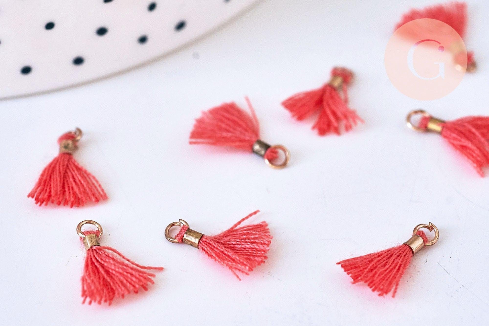 Pompon vieux rose corail polyestère support doré,décoration pompon, pompon boucles,fabrication bijoux bohème,10-15mm,les 10 G5564