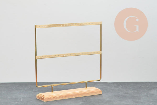 Présentoir à bijoux boucles d'oreilles laiton doré socle bois 25.25cm, x1 (G7468)