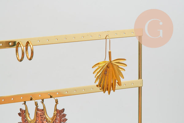 Présentoir à bijoux boucles d'oreilles laiton doré socle bois 25.4cm, x1 (G8378)