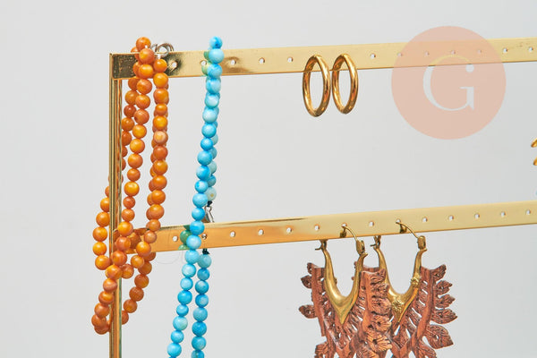 Présentoir à bijoux boucles d'oreilles laiton doré socle bois 25.4cm, x1 (G8378)