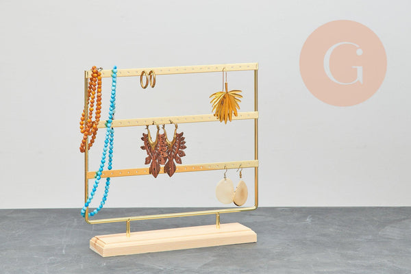 Présentoir à bijoux boucles d'oreilles laiton doré socle bois 25.4cm, x1 (G8378)