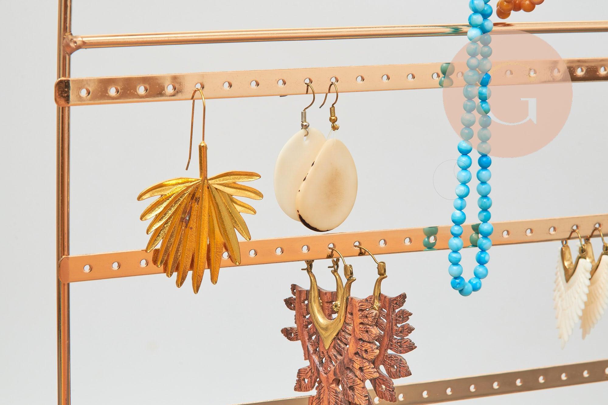 Présentoir à bijoux boucles d'oreilles laiton doré socle bois 30cm, x1 (G9451)