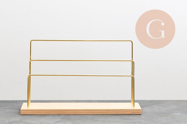 Présentoir à bijoux boucles d'oreilles laiton doré socle bois 34cm, x1 (G10249)