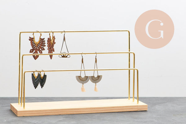 Présentoir à bijoux boucles d'oreilles laiton doré socle bois 34cm, x1 (G10249)