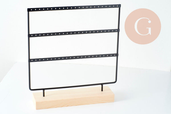 Présentoir à bijoux boucles d'oreilles laiton noir socle bois 28.5cm, x1 (G9453)