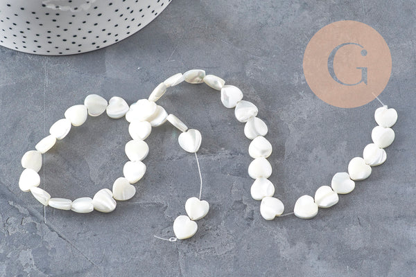 Perles coeur nacre blanche 10mm, création de bijoux nacre naturelle, fil de 40cm, x1 (G6831)