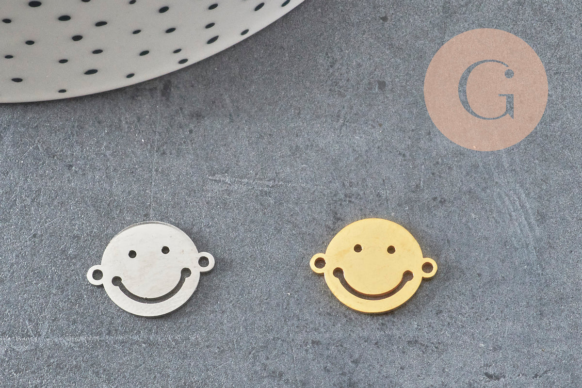 Pendentif smiley acier 201 inoxydable doré ou platine 12.5mm, x1 (G5687)-Breloques et pendentifs-Gingerlily Perles