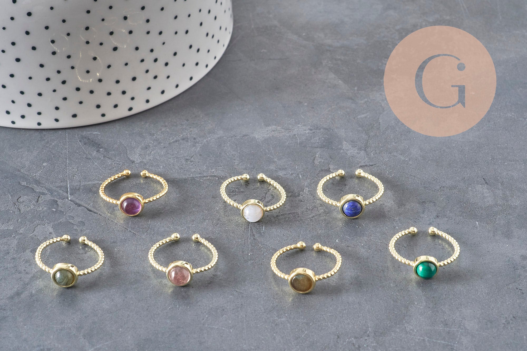 Adjustable twisted brass ring, gold-plated, natural stone cabochon 20mm, x1 (G4238)