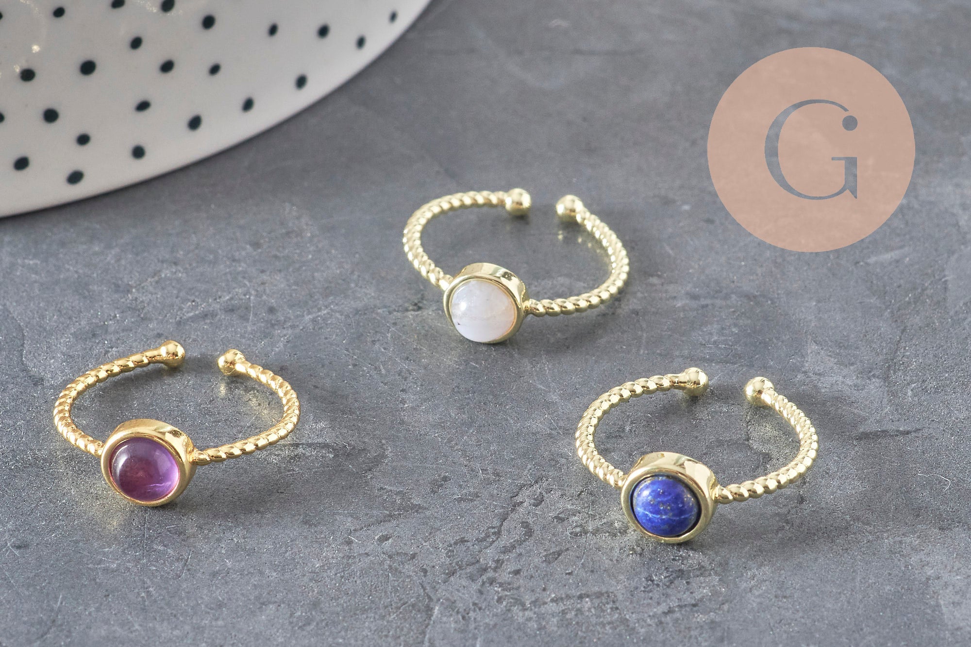 Adjustable twisted brass ring, gold-plated, natural stone cabochon 20mm, x1 (G4238)