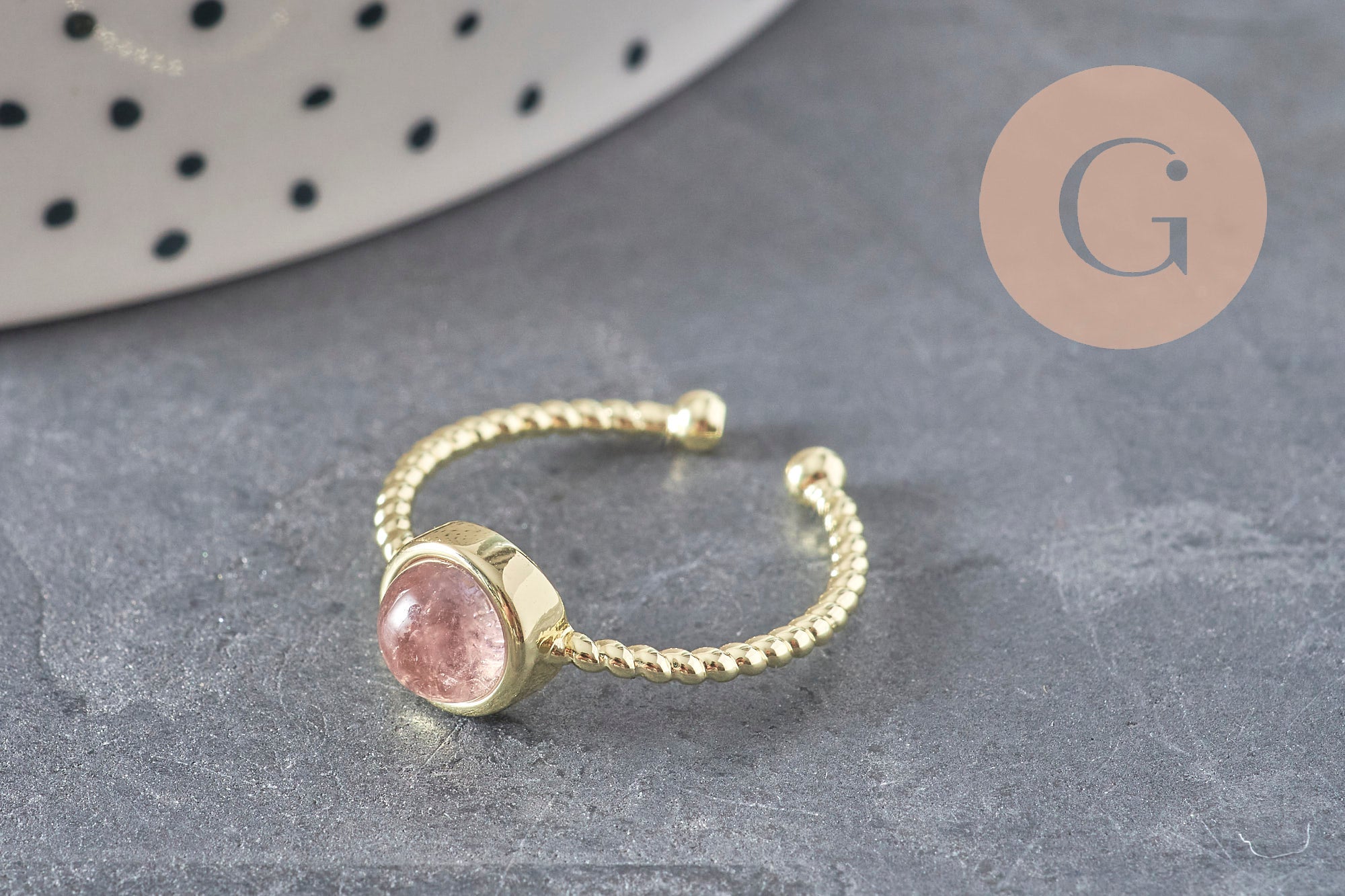Adjustable twisted brass ring, gold-plated, natural stone cabochon 20mm, x1 (G4238)