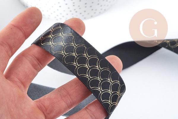 Ruban Satin Polyester noir écailles poisson doré 25mm, x1 mètre (G8919)