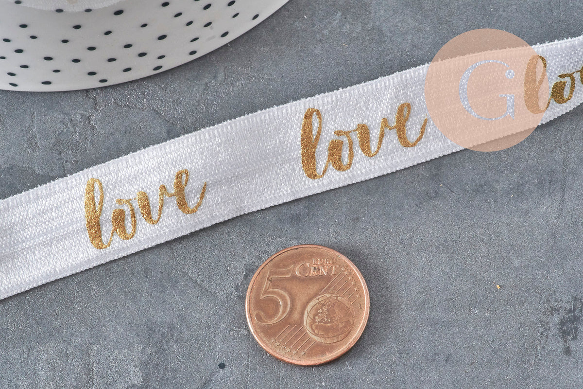 White gold elastic ribbon LOVE EFJF, EVJF bracelet, wedding ribbon, scrapbooking, 16mm, x1 or x5 or x10 meters (G4001)