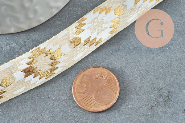 Ruban élastique motif Aztèque écru or EFJF,bracelet EVJF,ruban mariage,scrapbooking,16mm,1 mètre (G1887)