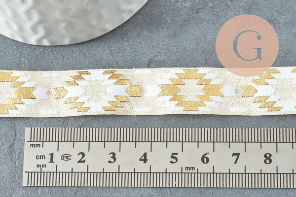 Ruban élastique motif Aztèque écru or EFJF,bracelet EVJF,ruban mariage,scrapbooking,16mm,1 mètre (G1887)
