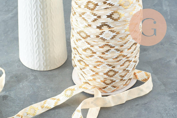 Ruban élastique motif Aztèque écru or EFJF,bracelet EVJF,ruban mariage,scrapbooking,16mm,1 mètre (G1887)