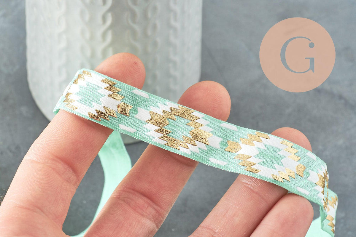 EP-Ruban élastique motif Aztèque vert or EFJF, fabrication bijoux,bracelet EVJF,ruban mariage,scrapbooking,16mm,1 mètre-G1850