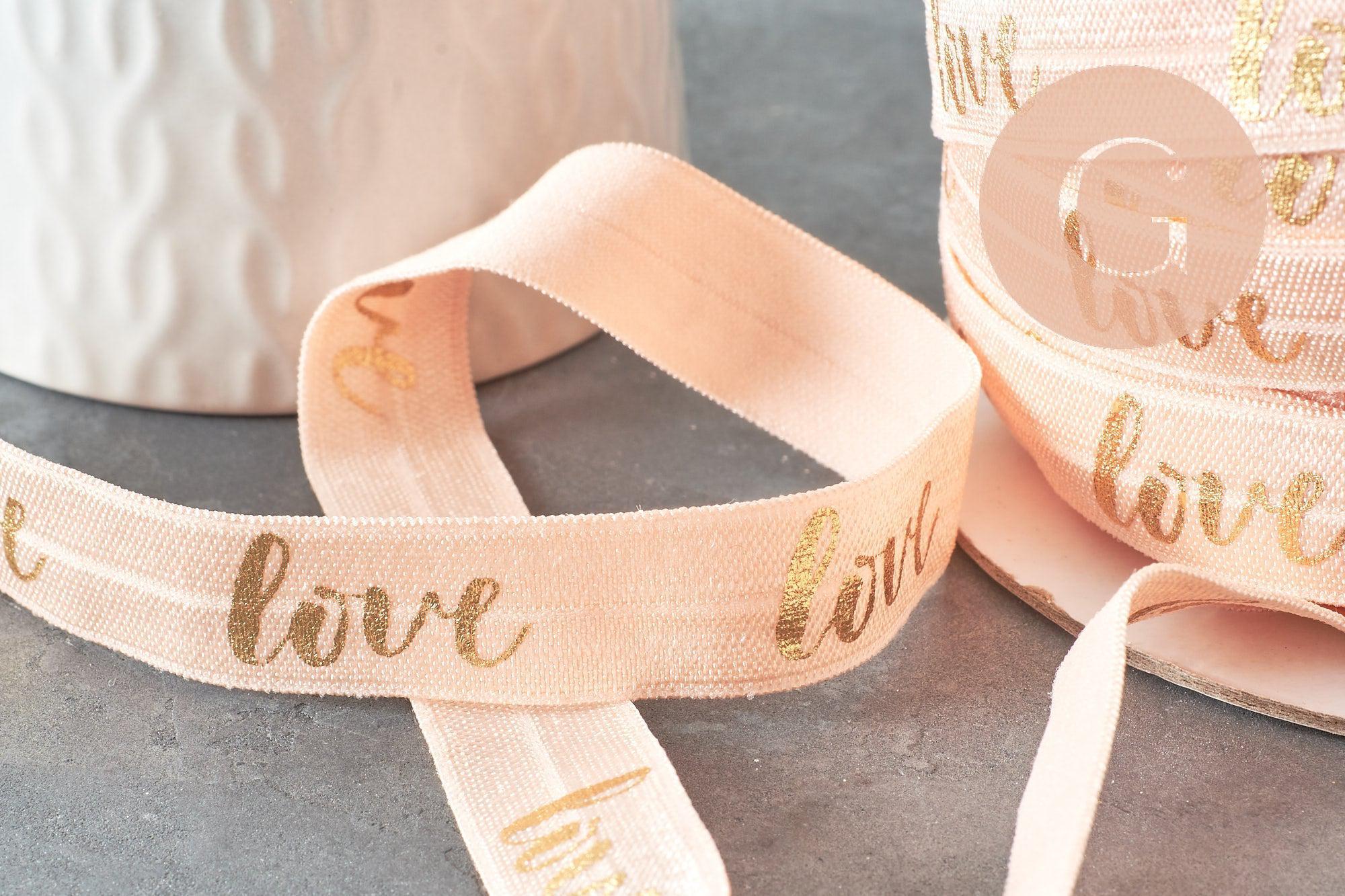 Ruban élastique or rose pêche LOVE EFJF 16mm, x1 mètre (G1523)