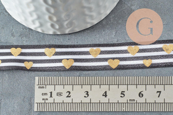 Ruban élastique rayé coeurs or EFJF, bracelet EVJF,ruban mariage,scrapbooking,16mm, x1 mètre (G1583)