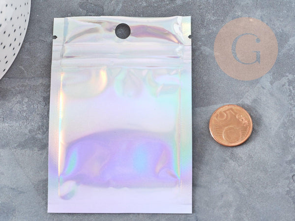 Sacs zippé plastique rectangle gris holographique 10x7cm, x5 (G9037)