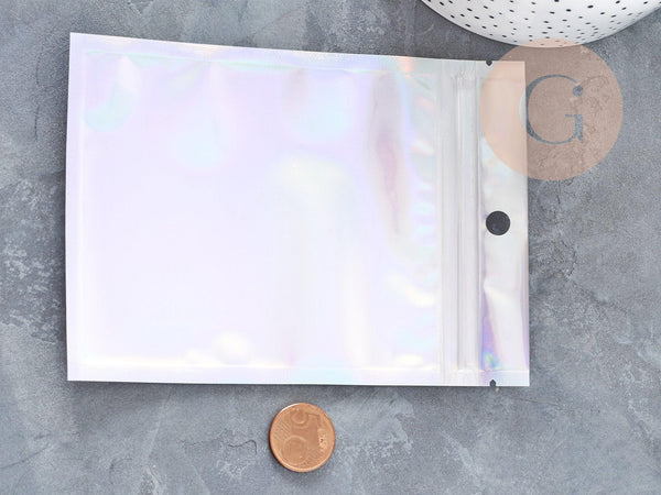 Sacs zippé plastique rectangle gris holographique 10x7cm, x5 (G9037)
