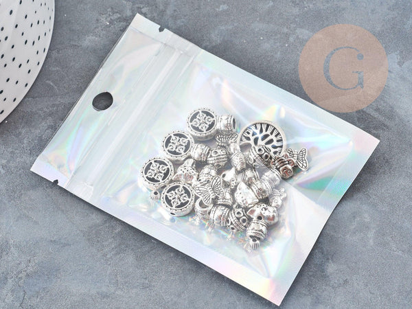 Sacs zippé plastique rectangle gris holographique 10x7cm, x5 (G9037)