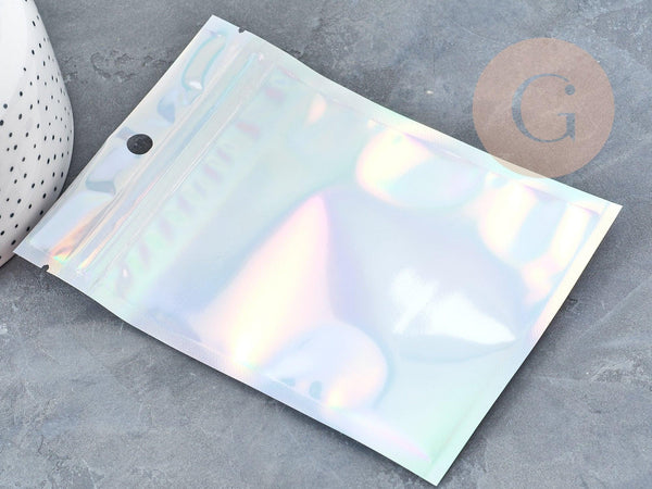 Sacs zippé plastique rectangle gris holographique 10x7cm, x5 (G9037)
