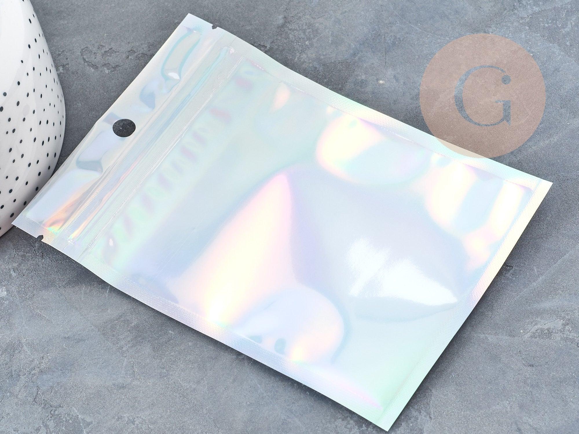 Sacs zippé plastique rectangle gris holographique 14.9x10.5cm, x5 (G8757)