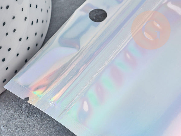 Sacs zippé plastique rectangle gris holographique 14.9x10.5cm, x5 (G8757)