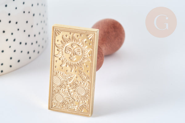 Sceau soleil cire à cacheter laiton massif manche bois 9cm, fourniture création de sceaux personnalisés pour invitation de mariage, 90mm G7748