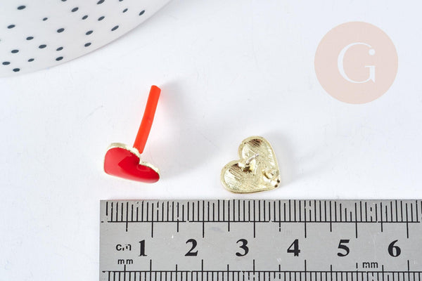 Support Boucles puces zamac doré coeur émail rouge avec anneau 11.5mm, la paire (G8609)