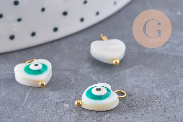 breloque coeur nacre blanche mauvais oeil zamac turquoise doré 15mm, x2 (G10068)