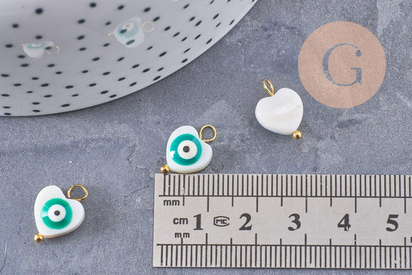 breloque coeur nacre blanche mauvais oeil zamac turquoise doré 15mm, x2 (G10068)