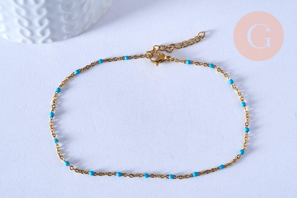 chaine de cheville acier doré 14k résine bleu clair chaine dorée 1.5-2mm/23cm, x1 (G3660)