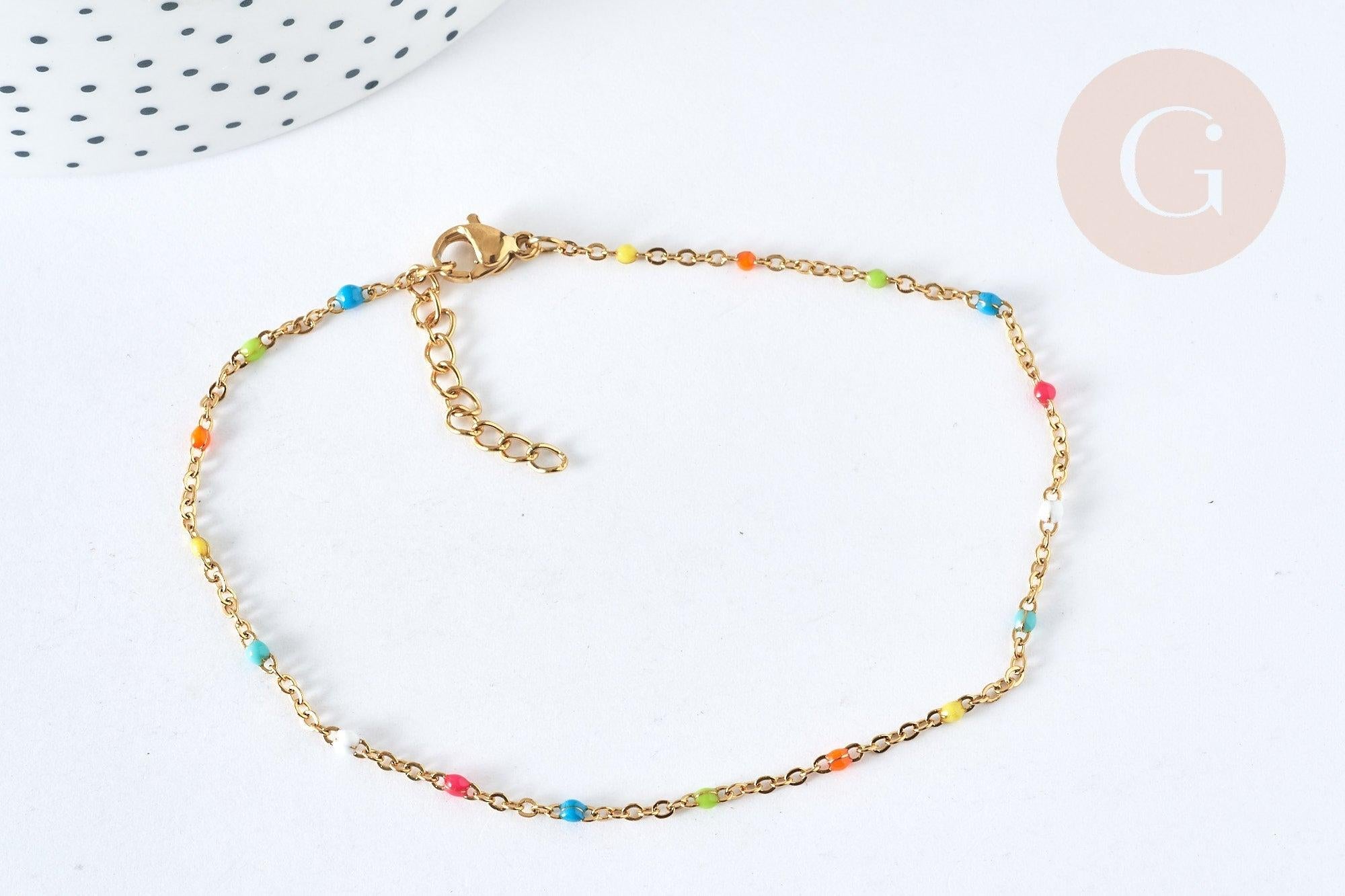 chaine de cheville acier doré 14k résine multicolore chaine dorée 1.5-2mm,23cm, x1 (G3663)