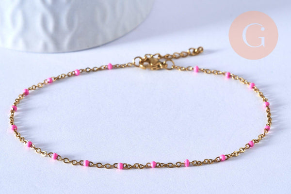 chaine de cheville acier doré 14k résine rose foncé chaine dorée, 1.5-2mm/23cm, x1 (G3745)