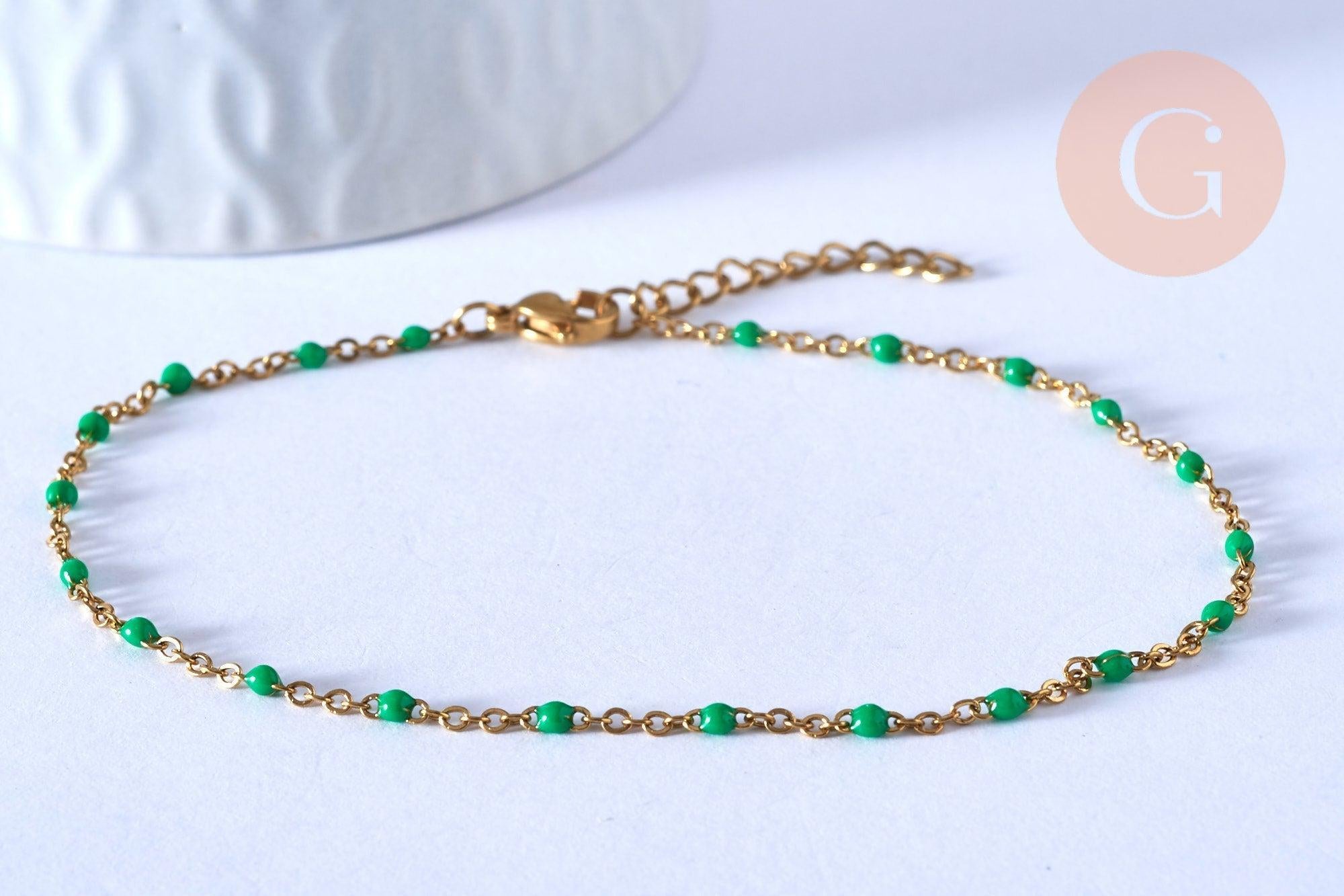 chaine de cheville acier doré 14k résine verte chaine dorée 1.5-2mm/23cm, x1 G3661