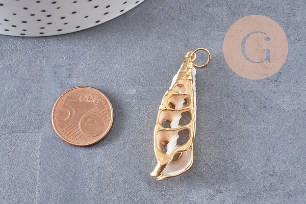 coquillage naturel blanc doré 43-47mm, pendentif argent création bijoux, x1 (G2087)