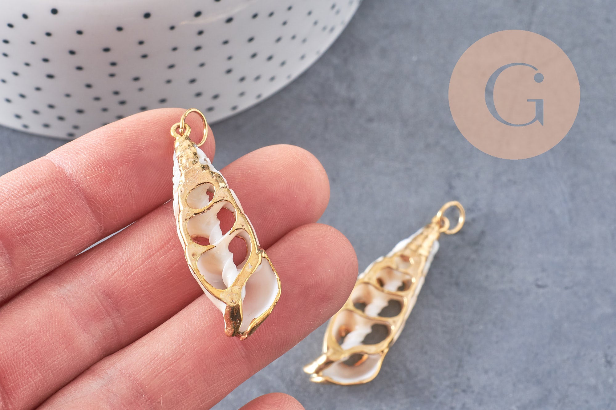 coquillage naturel blanc doré 43-47mm, pendentif argent création bijoux, x1 (G2087)