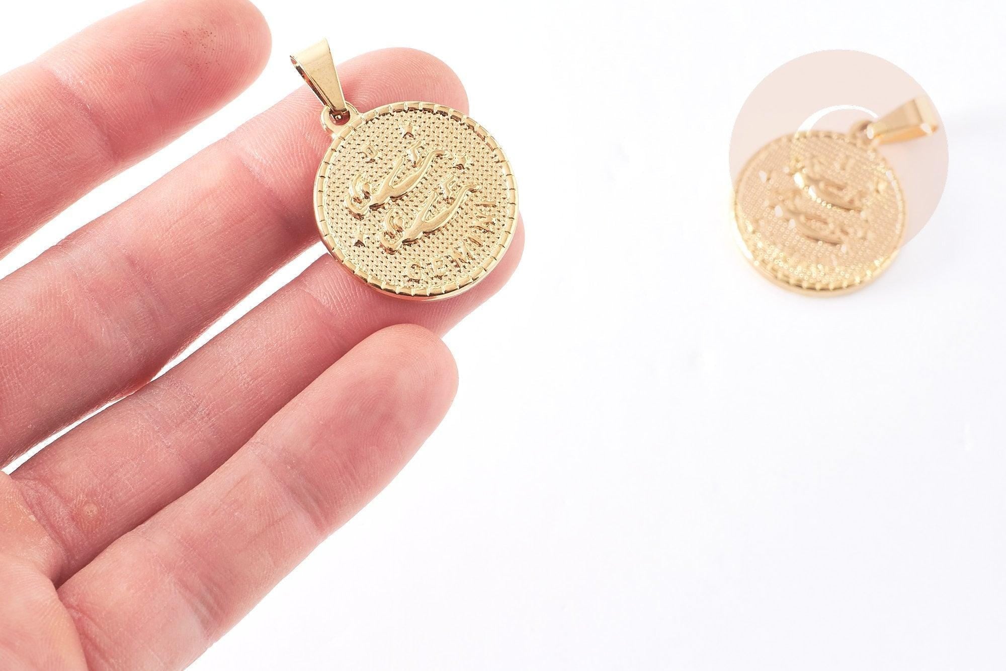 Pendentif médaille ronde Gémaux acier 304 inoxydable doré à graver, x1 (G6115)
