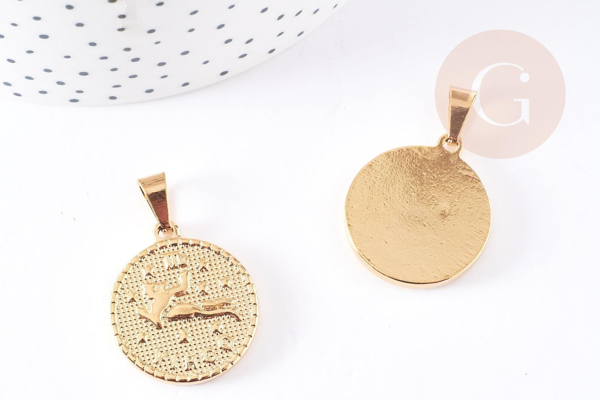 Pendentif médaille ronde Vierge acier 304 inoxydable doré à graver, x1 (G6113)