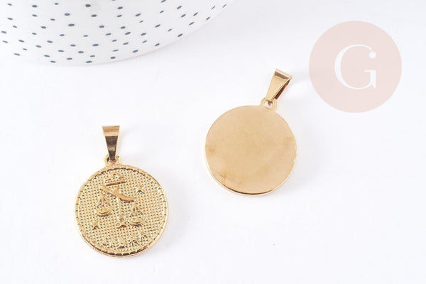 Pendentif médaille ronde Balance acier acier 304 inoxydable doré à graver, x1 (G0817)