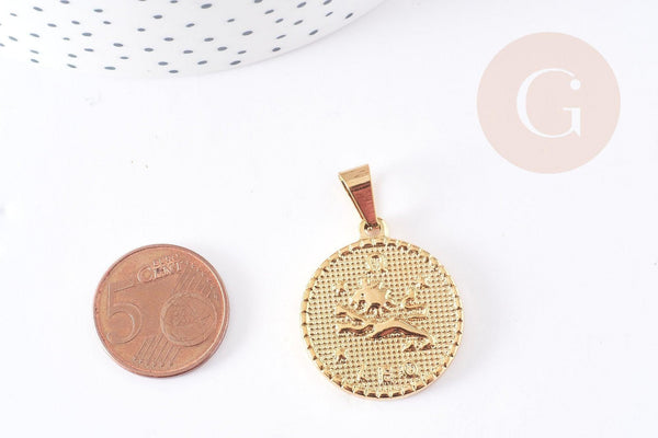 Pendentif médaille ronde Lion acier 304 inoxydable doré à graver 29mm, x1 (G0521)