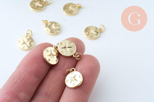 pendentif boussole laiton doré 20k 15.2mm, x1 (G5996)