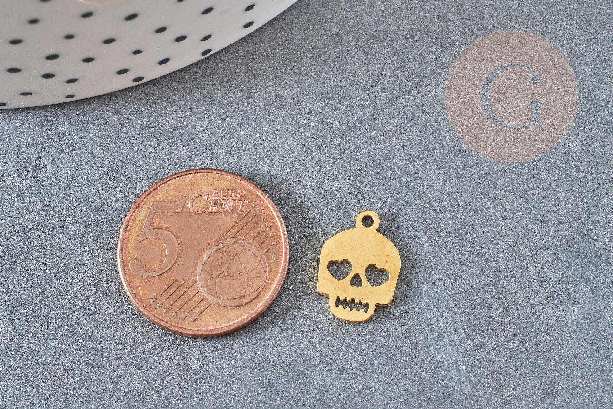 pendentif crâne tête de mort acier doré 201 inoxydable 13.5mm, création bijou doré, x1 G4827
